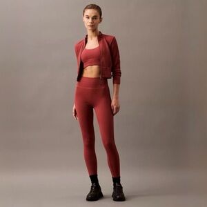 Calvin Klein Ribbed Athleisure Set Rosewood Red Cropped Zip Top & Leggings XS/S